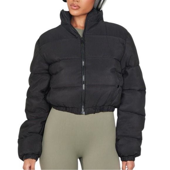 PrettyLittleThing Jackets & Blazers - PrettyLittleThing Peachskin Cropped Bubble Puffer Size 6 NWT Black
